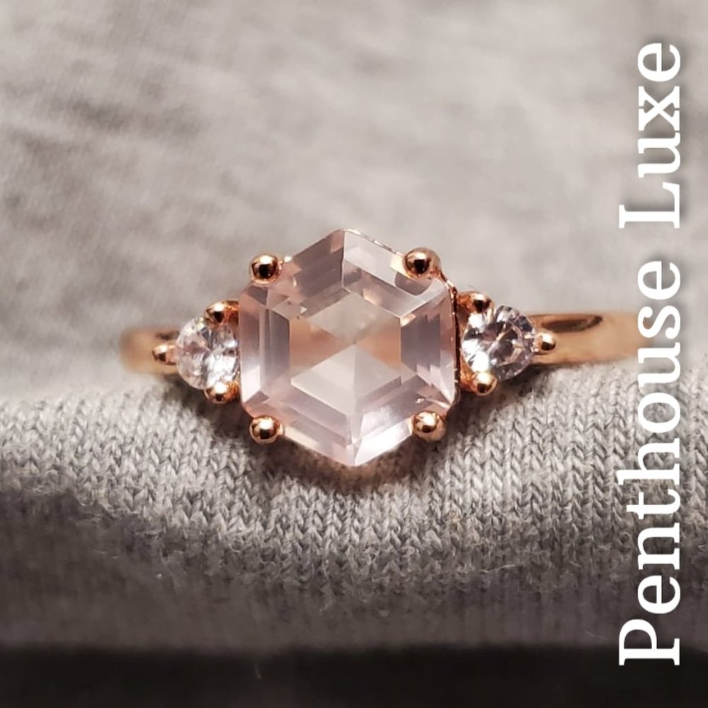 REAL Rose Quartz Hexagon Rose Gold 925 Ring - Picture 6 of 7